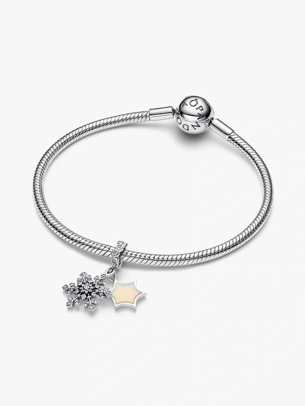 Pandora Silver Bracelet with Snowflake and Opal Star Charms - Silver
